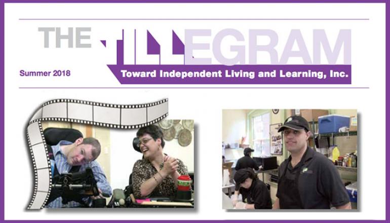 Front page of TILL's newsletter, the TILLegram, bold purple headlines