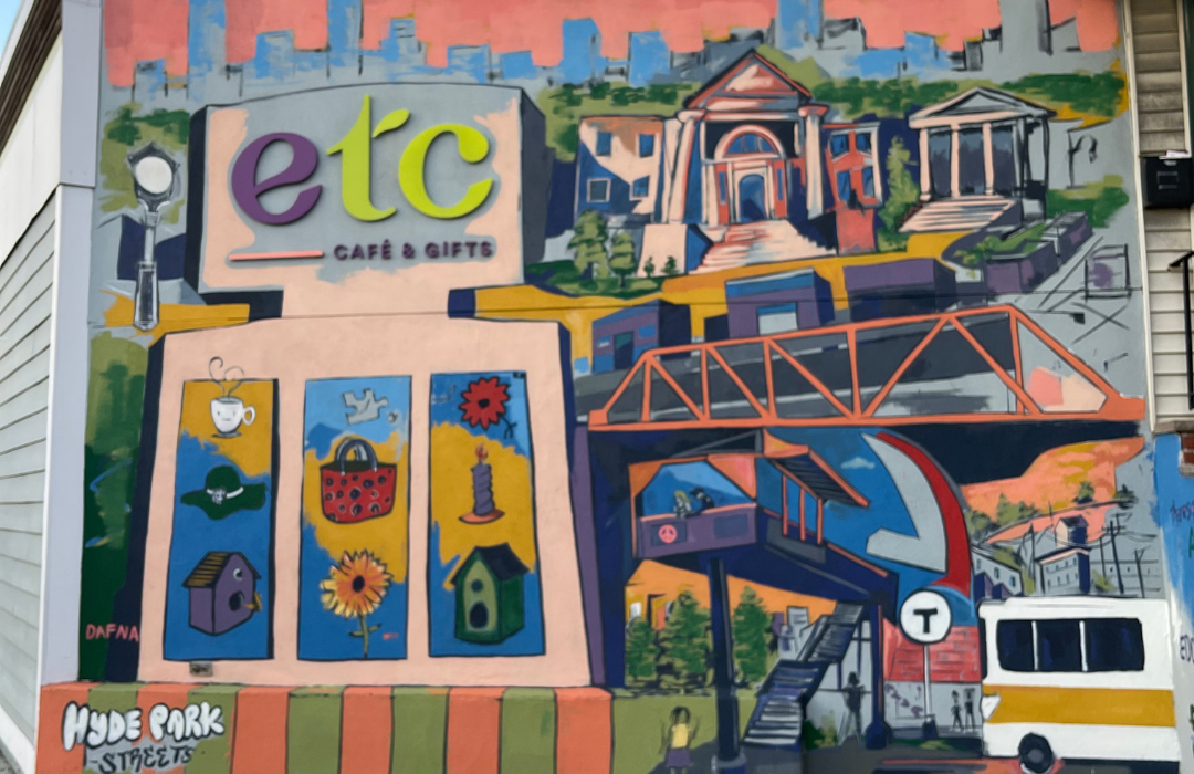 A mural at ETC with very detailed painting of Hyde Park and the City of Boston 