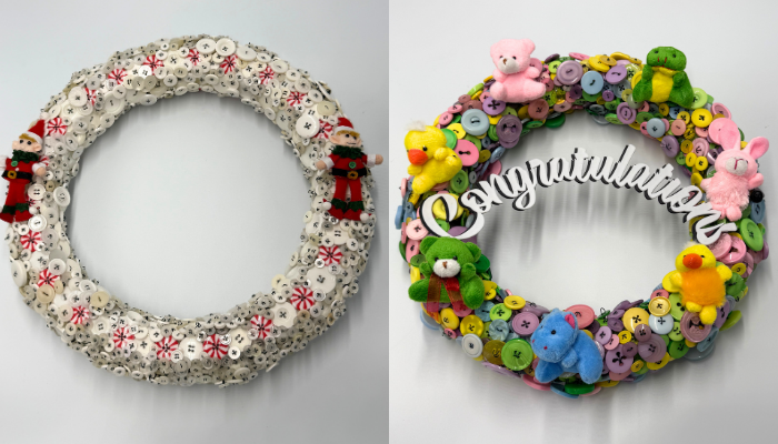 two wreaths, one is a Christmas themed, and the other says congratulations 