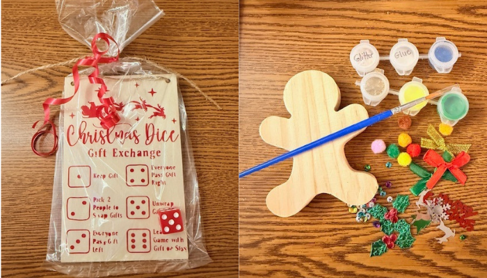 Christmas wooden items, one dice and DIY gingerbread man